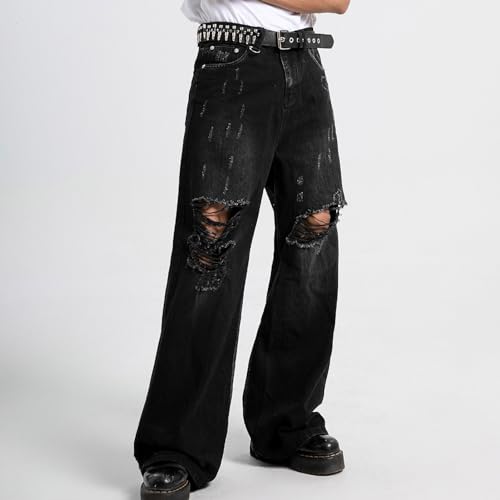 COOLMONAR Men's Baggy Jeans Ripped Black Wide Leg Distressed Destroyed Jean Denim Pants4
