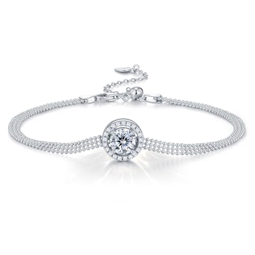 1CT Brilliant Moissanite Hand Bracelet for Women D Color VVS1 18K White Gold Plated Link Chain Jewelry for Mother Love Friend Mother’s Day Birthday Gift for Her 7+2inch