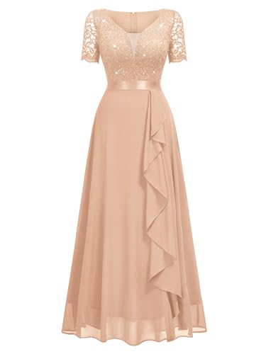 Miusol Women's Classy V-Neck Ruffle Floral Lace Hem Trim Sequined Maxi Bridesmaid Dress3