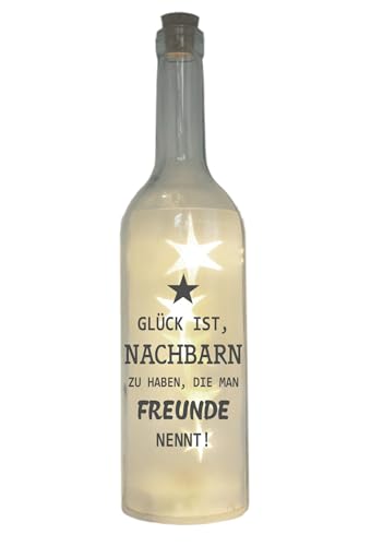 WB wohn trends LED-Flasche mit Motiv, Nachbarn die Man Freunde nennt, grau, 29cm, Flaschen-Licht Glitzer-Flasche Leuchtflasche Lampe mit Text Spruch
