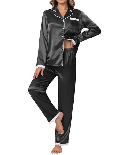 Ekouaer Satin Pajamas for Women Silk Long Sleeve Sleepwear Button