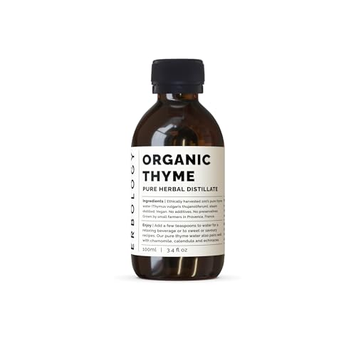 Erbology Agua de tomillo orgánica de 100 ml, hidrolizado de tomillo de grado alimenticio premium, limpieza de la piel, lote pequeño, de origen sostenible directamente de la granja en Provenza, Francia