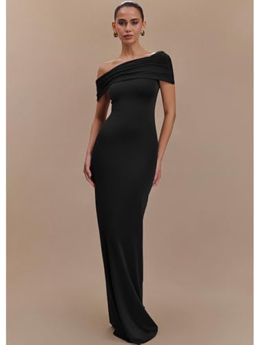 LAGSHIAN Women's Elegant Formal Maxi Dress Off Shoulder Ruched Sleeveless Bodycon Evening Long Dresses4