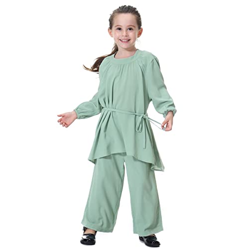 ODIZLI Kids Girls Muslim Islamic Two-piece Outfits Long Sleeve Ruffle Top and Loose Wide Leg Pants Arabic Outfits2