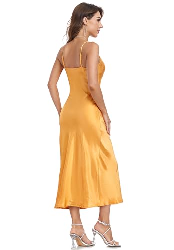 Image of Women's Spaghetti Strap Midi Satin Silk Dresses Slip Cowl Neck Party Cocktail Evening Sexy Dress