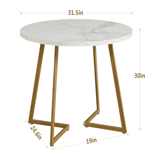 Image of VECELO Round Dining Room Table with Wood Grain Tabletop and Steel Frame, for Kitchen, Living Room, Office, Conference, 2 to 4 Person, White & Gold