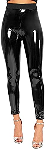 Romaans Ladies Latex Vinyl Shiny Leggings PVC PU High Waisted Stretch Wet Look Disco Womens Sexy Trousers - M-L - Black