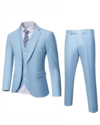YND Ensemble de costume 3 pièces pour homme, coupe ajustée, 2 boutons, blazer solide, veste, gilet, pantalon et cravate, bleu ciel, S