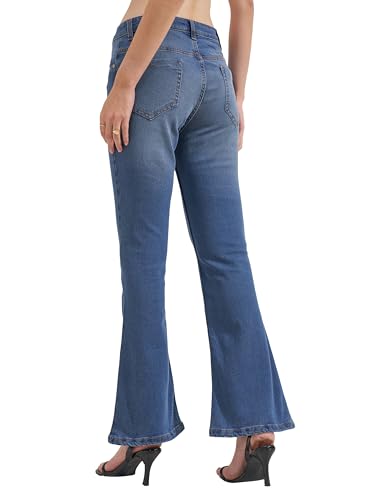 Image of Tokyo Talkies Women Blue Solid Mid Rise Bootcut Jeans