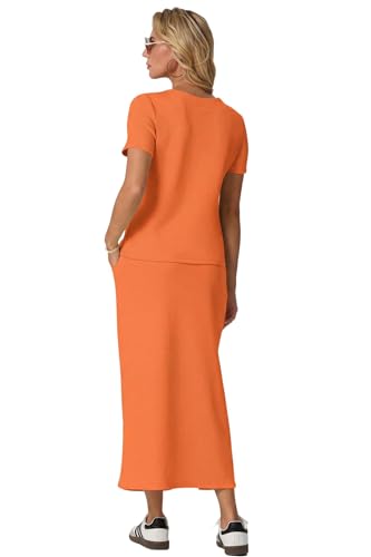 Image of GRECERELLE Women Summer Casual 2 Piece Sets V-Neck Wrinkle-Free Top & Elastic Waist Midi Side Slit Skirt with Pockets