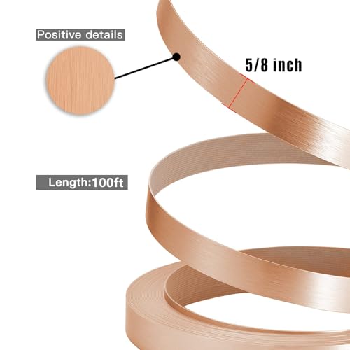 Image of PVC Edge Banding, 5 /8 inch x 100ft Non Glued Flexible Durable Real Brushed Aluminum Rose Gold Veneer Edge Trim for DIY Table Cabinet Furniture Decorative Trim