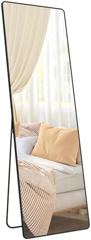 SONGMICS Full Length Mirror, 63 x 20 Inches, Rectangle Full Body Mirror with Stand, Aluminum Alloy Frame Floor Mirror, Tempered Glass, for Bedroom, Living Room, Cloakroom, Ink Black ULFM030B01