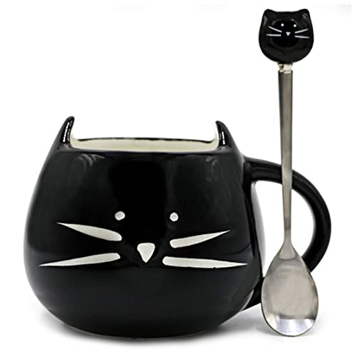 MRKU Taza de Viaje de cerámica con Forma de Gato, con Cuchara, para café, té, Leche y asa, 400 ml