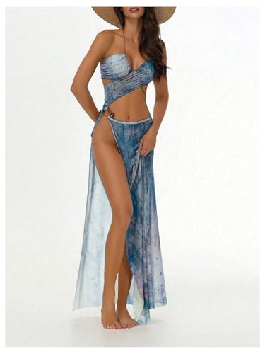 MakeMeChic Women's Halter Mesh Sheer Ruched Asymmetrical Swimsuit Coverup Beach Dress2