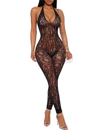 Buitifo Damen Fischernetz Bodystocking Sexy Catsuit Nachtwäsche Spitze Reizwäsche Strümpfe Mesh Outfits(Schwarz Hh Einheitsgröße)