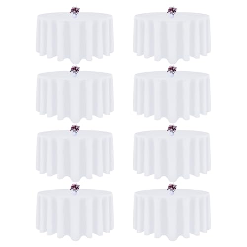 CKIKU 8 Packs 120 Inch White Round Tablecloth in Diameter, Washable Polyester Fabric Tablecloths, Wrinkle Resistant Table Cloth for Wedding Party Banquet Dining