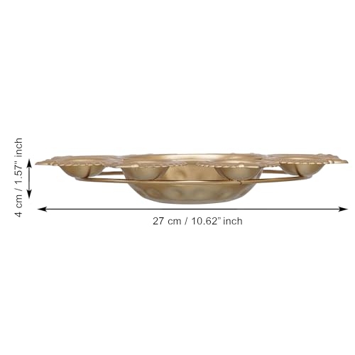Image of eCraftIndia Golden Metal Handcrafted Decorative Urli with 8 Diyas | Urli Bowl for Home Decor | Urli for Floating Flowers | Diwali Decoration Items for Home Decor | Housewarming Diwali Gift