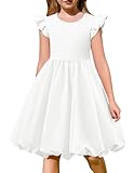 Arshiner Tween Big Girls Formal Wedding Guest Summer Fluffy Bubble Dress Ruffle Sleeve Casual Midi Dresses White 10-11 Years