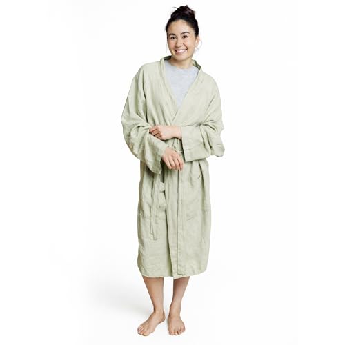 Olive + Crate European Flax Linen Kimono Robe Lightweight Luxury Bathrobe for Women & Men Relaxed Fit Dressing Gown - Spring Sage Small- Medium