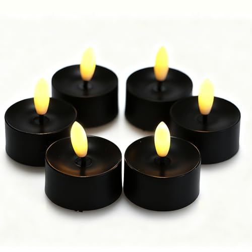 Image of CANDLE CHOICE Battery Operated Flameless Tea Lights Realistic Black Wick Bright Flickering LED Tealight Candles Wedding Table Centerpieces Halloween Christmas Decorations Batteries Incl. 6 Pack Black