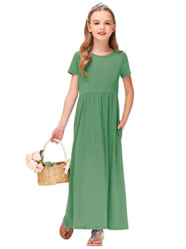 Image of Deerose Girls Maxi Dress Short Sleeve Casual Long Dresses with Pockets 5-14 Years