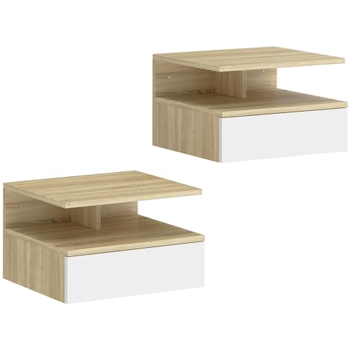 HOMCOM Juego de 2 Mesitas de Noche Flotantes, Mesillas de Noche Dormitorio con Cajón, Estante Abierto, Ahorra Espacio, Diseño Moderno, para Sala de Estar, 35x32x22,5 cm, Roble y Blanco