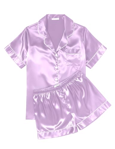 Image of Ekouaer Womens Silk Satin Pajama Sets Soft Short Sleeve Button Down Sleepwear Top and Shorts 2 Piece Pjs Lounge Set