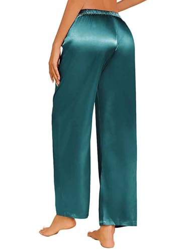 Image of Ekouaer Womens Silk Satin Pajama Lounge Pants Sleep Pj Bottoms with Pockets | Silky,Loose Wide Leg,Drawstring Elastic Waist,Casual,Loose,Elegant