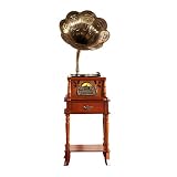 RLOY CAREY Gramophone Vintage Phonographe Platine Vinyle Tourne-Disque Bluetooth Intégré, Radio FM, Aux-in, Lecteur CD avec Base en Bois Et Corne en Métal Décoration De La Maison (Color : Brown)