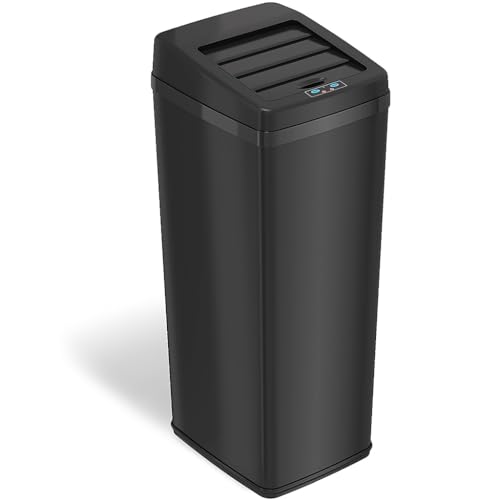 Image of iTouchless 14 Gallon Sliding Lid Automatic Sensor Trash Can with Odor Filter System, 52 Liter Black Steel Touchless Kitchen Garbage Bin, Matte Black