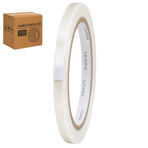 Image of GGR Supplies FIL-795 Fiberglass Reinforced Filament Strapping Tape - Heavy Duty Packing & Shipping Tape, Mono Directional, 1 /2 in x 60 yds. Pack of 72 (5.5 Mil)