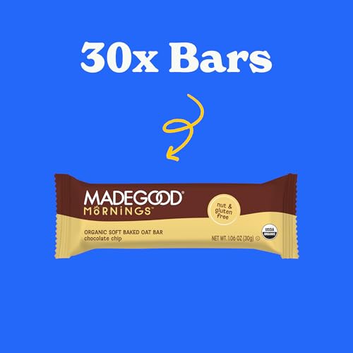 MadeGood Mornings Soft Baked Breakfast Bars, Chocolate Chip, 1.06 Oz (30 Count) Gluten Free Snacks
