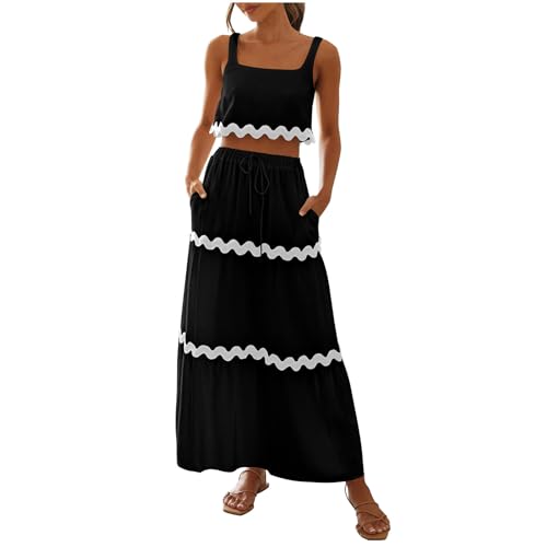 Women's 2 Piece Outfits Beach Vacation Set Casual Sleeveless Cropped Tank Top High Waisted Maxi Skirt Resort Wear 2025
