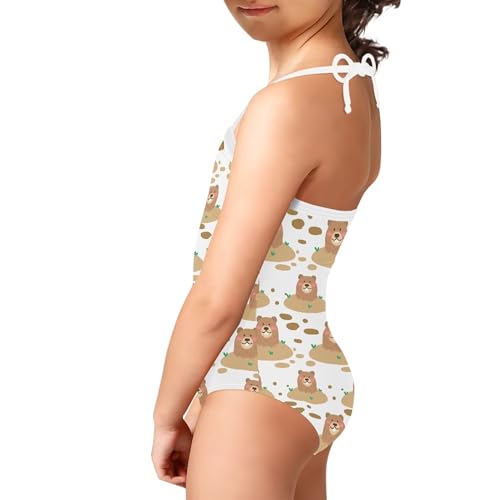 Image of Cute Backless One Piece Swimsuits for Girls Adjustable Halter Strap Bathing Suit Beach Swimwear for Girls