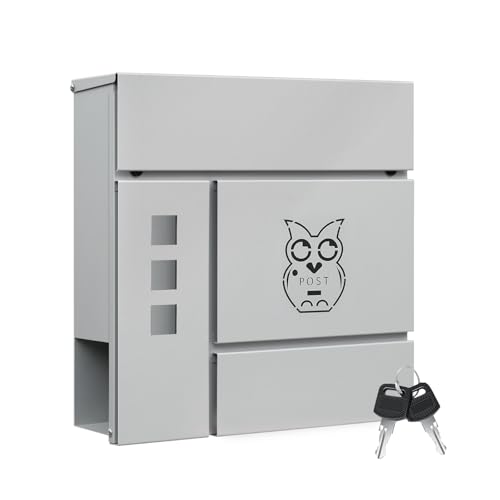 WOLTU Buzón de Correo, Buzon de Pared con 3 Ventanillas, Buzón Exterior de Aleación, Buzón Correo Individual con 2 Llaves, Tapa Abatible y Zona para Periodicos, Gris, 37x10,5x37 cm