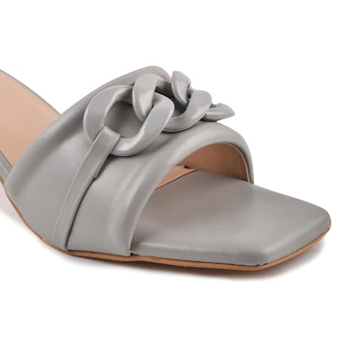 Image of Women's Slip On-On Heeled Sandals with Transparent Block Heels & Decorative Chain Strap Signora103| Fashionable Summer Slides Trendy Chain Strap Signora103
