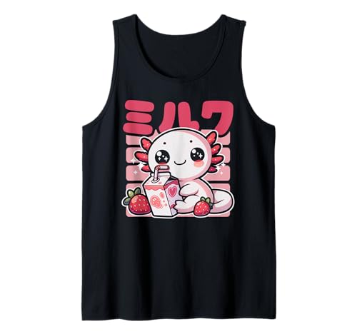 Kawaii Axolotl Strawberry Milk Cute Japanese Anime Camiseta sin Mangas