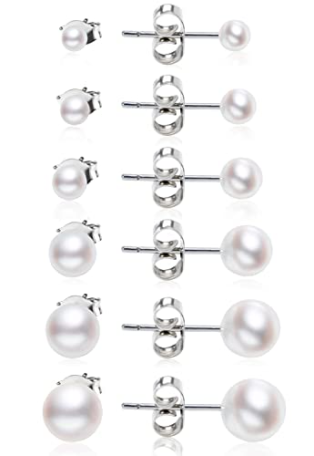 Dainty Pearl Earrings for Women: Hypoallergenic 6 Pairs AAA+ Quality Freshwater Cultured Pearl Earrings - Tiny to Big (3-8MM)