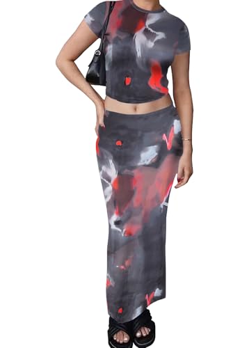 Image of Two Piece Skirt Set for Women 2 PC Y2K Outfits Short Sleeve Crop Tops Bodycon High Waist Long Maxi Skirts