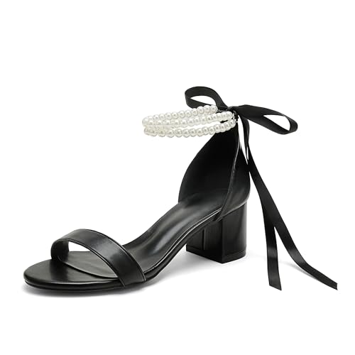 Pearl Wedding Shoes for Bride - Low Open Toe Bridal Heels With Bow, Chunky Block Heel for Women's Prom, Evening Party, Dress Pumps