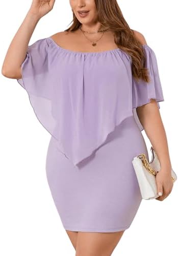 MakeMeChic Women's Plus Size Off Shoulder Ruffle Bodycon Mini Short Dress Mauve Purple 1XL