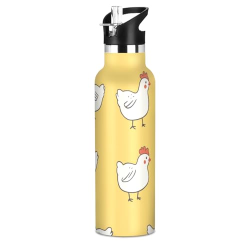 Cartoon Little White Chicken Yellow Gourde étanche sans BPA réutilisable avec paille chaude et froide à double paroi pour voyage et sport 591 ml