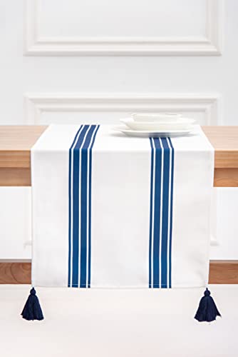 Hofdeco Premium Coastal Outdoor Navy Blue Table Runner, 13”X72” With Umbrella Hole Waterproof Dining Table Runner For Patio Umbrella Table, Navy Blue Aviv Stripe Tassel #TOP6