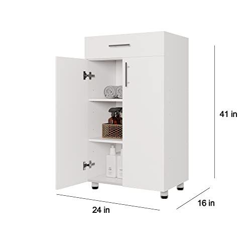 Jpnd Floor Storage Cabinet, 24" W X 41" H X 16" D Free Standing Storage Cabinet With Soft Close 1 Drawer And 2 Doors And Adjustable Shelves, For Bathroom/Kitchen/Garage/Laundry Room/Balcony, White #TOP2