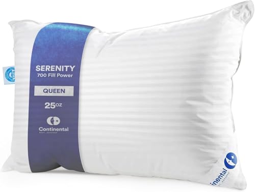 Continental Bedding Serenity Collection 700 Fill Power Goose Down Pillow - Low, Medium, Extra Loft -...