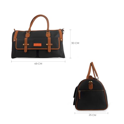 Image of Black & Brown PU Leather Duffle Bag | 37L Large Travel Duffel | Zipper Closure | Hand Carry & Sling Bag | Weekend Gym Travel Bag for Men & Women