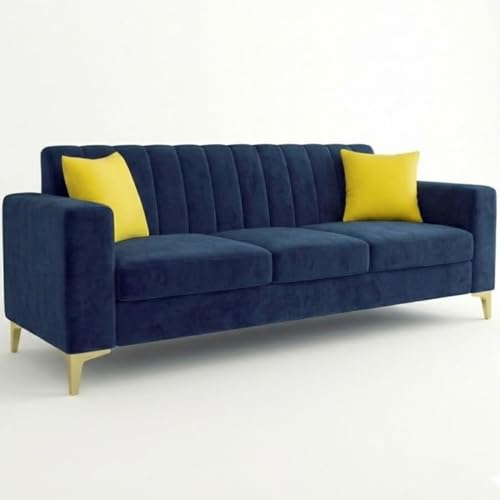 Image of FURNY Alona 3 Seater Fabric Sofa Set (Dark Blue) Premium Velvet Finish Durable & Comfortable| Ideal for Living Room, Offices
