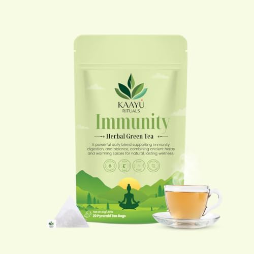 Image of Kaayu Rituals Immunity Herbal Green Tea With Ashwagandha, Tulsi & Giloy | Caffeine-Free, Antioxidant-Rich Detox Tea | Aids Digestion, Improves Metabolism & Relieves Stress | 20 Pyramid Bags(40g)