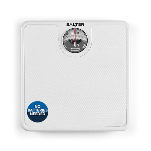 Salter Báscula de baño mecánica, pantalla grande con lupa, mide el peso en libras y kilogramos, no requiere pilas, capacidad hasta 133 kg, diseño resistente y clásico, color blanco