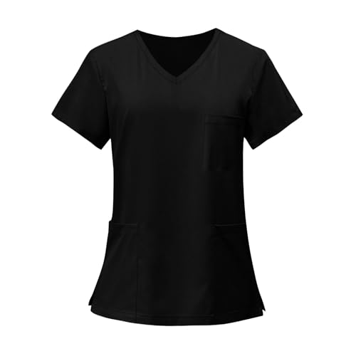 Image of FONMA Scrub Tops Women Plus Size Stretchy V-Neck Scrub Shirts with 4 Pockets Breathable Short Sleeve Nurse Uniforms